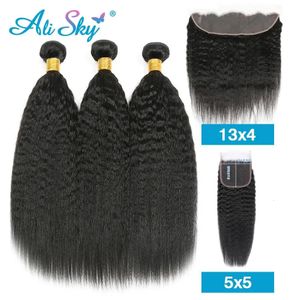 Perucas sintéticas kinky cabelo humano reto 3 pacotes com fechamento 4x4 5x5 longo 30 polegadas yaki pacotes retos com um frontal 13x4 tissage bresilien 231211