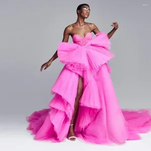 Casual Dresses Chic Est Fuchsia Tulle Prom Gowns Ruffles Sexy Split A-line Long Formal Event Party Off The Shoulder