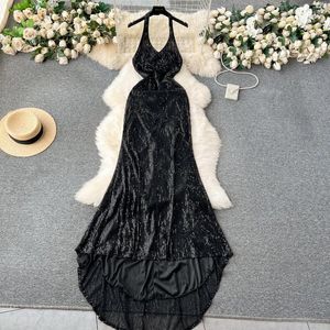 Casual Kleider Foamlina Frauen Elegantes Schwarzes Paillettenkleid Sexy Halter Tiefer V-ausschnitt Ärmellos Rückenfrei Schlank Abendparty Zurück Lange Meerjungfrau