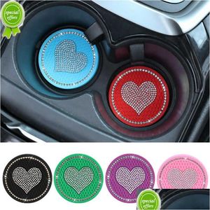 Outros acessórios interiores 2 Pcs Coração Strass Decor Carro Anti-Slip Water Cup Pad Non-Slip Silica Coaster Mat Drop Delivery Mobiles Dhmdm