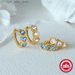 Stud Aide 925 Sterling Silver Three Heart Blue Zircon Gold Hoop Piercing Earrings For Women Minimalist Jewelry Wedding Party Gift YQ231211