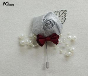 Meldel Silk Rose Men Corsage Pin Flower Wedding Bról do druhny Pearl Decor Decor Boutonniere Men Wedding Corsage Flowers9696960