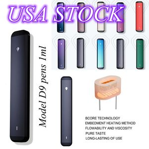 USA STOCK Disposable Vape Pen E-cigarette 1ml Empty Pods Carts Vaporizers Thick Oil Carts Flat Black Pens Rechargeable 280mah Battery Ceramic Coil D9 Sample Order