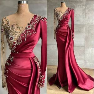 Bury Evening Dresses Prom Party Gown Formal Mermaid Long Sleeve Beaded New Custom Plus Size Zipper Lace Up V-Neck Crystal Satin Illusion