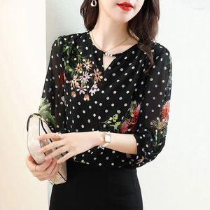 Kvinnors blusar mode tryckta diamanter Polka Dot Floral Chiffon Bluskläder 2023 Autumn Overdized Casual Tops Pendlare Skjorta