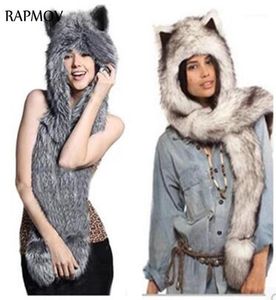 BeanieSkull Caps Winter Hats For Women Faux Fur Hood Animal Hat Ear Flaps Hand Pockets 3in1 Wolf Plush Warm Cap With Glove15836132