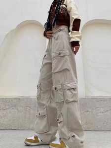 Kvinnors byxor tung industri multi-fickan tvättade last kvinnor streetwear y2k vintage hög midja överdimensionerade raka ben jeans byxor