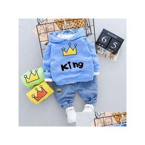 Zestawy odzieży Kid Boy Casual Hooded Ostat 1 2 3 4 lata Śliczny kreskówkowy list z drukiem z druku i dżinsów kostium dla dzieci x0401 Drop del OTM3A