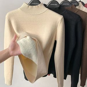 Kvinnors tröjor förtjockar sammet turtleneck tröja kvinnor koreansk mode fodrad varm sueter stickad pullover smal topp vintertröja stickad jumper 231211