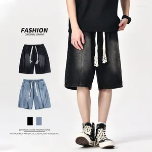 Jeans masculinos verão cordão denim shorts preto solto em linha reta cintura elástica moda streetwear tendência coreana curto