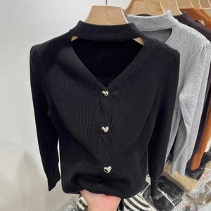 Kvinnors tröjor Hikigawa Casual V Neck Halter Solid Women Long Sleeve Hollow Out Stickovers Sweet Chic Fashion All Match Jumpers