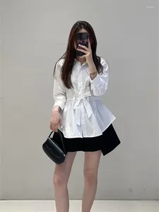 Women's Blouses Women Shirt Covered Buttons Lace-up Solid Spring Turn-down Collar Cotton Blouse