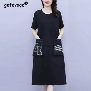 Grundläggande avslappnade klänningar Kvinnokläder 2023 Summer Trendy Round Neck Short Sleeve T Shirt Midi Dress Y2K Casual Streetwear Black Loose Pockets Dresses YQ231211