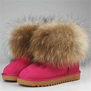 Varmare mode 100% Cowhide Leather + Raccoon pälsstövel Kvinna Snöstövlar Vinterläder räv päls snöskor