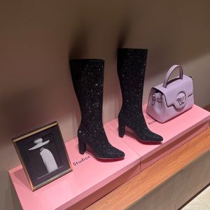 Boots Brand Boots 2023 New Chijia Water Diamond Full Diamond High Slope Heel عالي الأكمام