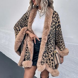 Damen Wollmischungen Herbst Winter Europäischer und amerikanischer Kragen Cape Cardigan Leopardenmuster Schalpullover Damen 231211