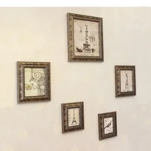 Frames 5 Pcs/set Flower Texture Picture Frame Set Imitate Wood Wall Hanging Po Punch-free Framed Vintage Home Decor