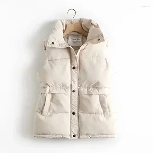 Kvinnors västar 2024 Autumn Winter Solid Loose DrawString Stand Collar Long Vest Jacka Bomull vadderad kvinnor Vindtätt varmt väst