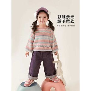 Cardigan Girls 'Rainbow Stripe Sweater Warm Winter 2023 New Children's Korean Versatile Plush Knit Topl231211