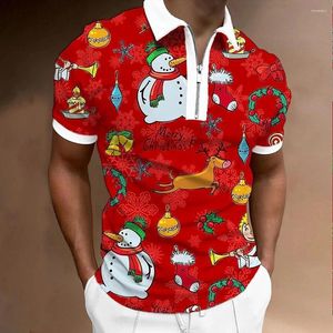Men's Polos 2023 Christmas T-Shirts Zipper Polo Shirt Casual Short Sleeve Pullover Elk Snowman Pattern Print Clothing Oversized Tops