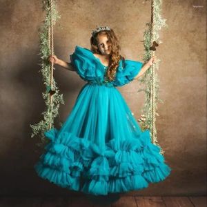 Girl Dresses Green Ball Gown Flower Tiered Ruffles Sweep Train Kids Birthday Party Gowns Beads Children First Communion