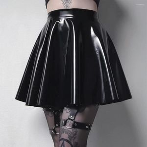 Röcke Mode Damen Shinny Wet Look PVC Leder Faltenrock Solid Black A Line Party Clubwear Dance Mini Kleidung