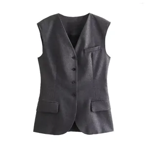 Kvinnors västar 2024 Kvinnor Långt Slim Waistcoat Solid Single Breasted V Neck Vest Spring Casual Elegant Woman Ytterkläder Topps modeuppsättningar