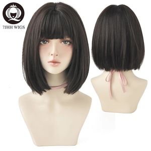 Cosplay Wigs 7JHH WIGS Black Short Bob Wig for Girl Daily Wear Synthetic Wig Style Natural Supple Summer Heatresistant Wig With Bangs 231211