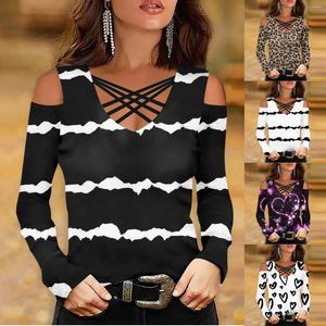 Women's Blouses Striped Print V-neck Cross Band Blouse Off Shoulder Long Sleeve Top Korean Fashion Tops Women Year Shirts