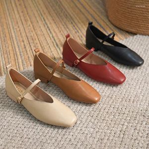 Dress Shoes Women's Spring/Summer Vintage Buckle Low Heel Art Square Toe Soft Leather Mary Jane Retro Women Pumps