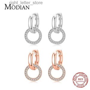 Stud Modian Rose Gold Color Circle Drop Pendientes Classic 925 Sterling Silver Round Clear CZ Cuelga Pendiente para mujeres Joyería de boda YQ231211