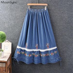 Skirts Harajuku Embroidered Vintage Denim Japanese Fashion Sweet Mori Girl Elastic Waist Cotton Skirt Loose Kawaii Falda Faldas
