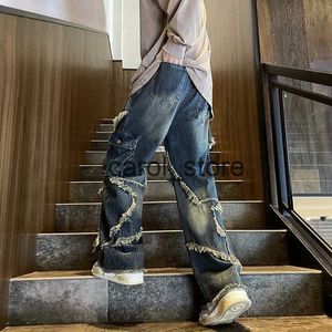 Herrbyxor stjärna Tassel Frayed Straight Baggy Cargo Jeans Hip Hop Patchwork Pants Harajuku Male Female Streetwear Casual Denim Trousers J231208