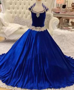 2024 Royal Blue Velvet Pageant Flower Girls 'Girls' Back Back Beading Cap Cap Sleeve First Compleion Complels Kids Birthday Party Walk