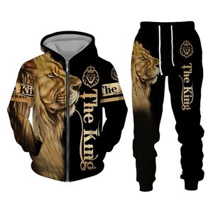 Herren-Trainingsanzüge, Herbst und Winter, Herren-Trainingsanzug, 3D-The-Lion-Print, Reißverschluss, Hoodies, Sweatshirts, Hosen, Sets, lässige Herrenbekleidung, Damen-Trainingsanzug 231208