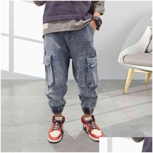 Dżinsy modne dla chłopców dla dzieci jesień dziecięce ubrania miękkie luźne spodnie dżinsowe duże kieszeń spodni hip -hop spodnie g1220 upuść dela OTGW9