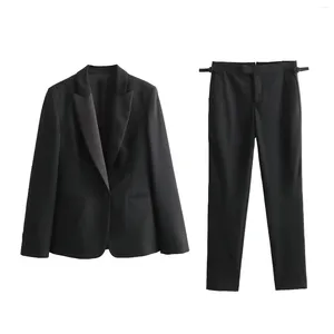 Kvinnors kostymer Kvinnor Tuxedo Blazer Jacka svart lapel Långärmar knapp Chic Party Office Work Slim Fit Buckled Pants Set