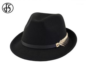 Stingy Brim Hats FS Wool Feel Women Men Fedora Hat For Spring Autumn Elegant Lady Trilby Jazz Panama Cap Black Curl Brim14475542