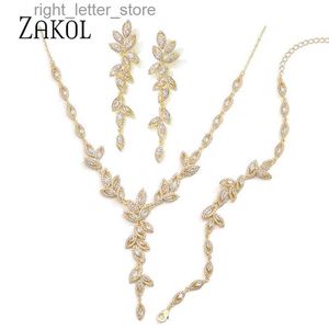 Stud Zakol Luxo Gold Color Folha Nupcial Conjuntos de Jóias de Casamento para Mulheres Marquise Zircon Brincos Colar Pulseiras Set YQ231211