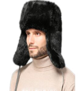 Prawdziwy królicze futra traper hat uszy uszy mężczyźni Rosyjski Ushanka Aviator Hunter Ski Cap6964366