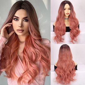 Cosplay perucas moda peruca sintética feminina longo cabelo encaracolado grande onda gradiente fumaça rosa fibra sintética capa de cabeça inteira 231211