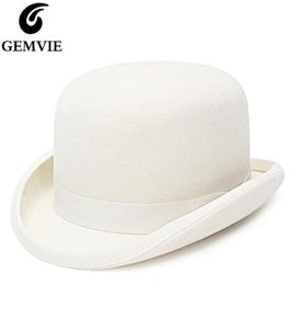 Gemvie 100 Wool Felt White Bowler Hat For Menwomen Satin Fodrad Fashion Party Formell Fedora Costume Magician Cap 22030175230292648567