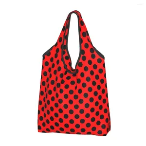 Alışveriş Çantaları Kawaii Baskı Moda Siyah ve Kırmızı Polka Dot Tote Taşınabilir Alışveriş Omuz Çantası
