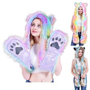 Berets Frauen 3 in 1 Pelztier Hut Schal Handschuhe Fäustlinge Bunte Plüsch Hoodie Paws290f