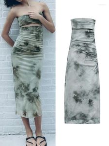 Casual Dresses Women Printed Cut-Out Tulle Dress 2023 Summer Sexy Female Hollow Out Design Sleeveless Pleated Sheath Strapless