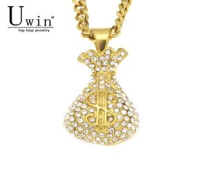 UWIN Stainless Steel Dollar Sign Purse Gold Coins Money Bag Pendant With Rhinestone Charms Iced Out Necklace Hip Hop 2010146224740