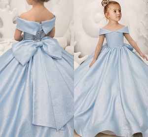 2024 Sky Blue Off Shoulder Long Flower Girl Dress Elegant Bow Princess Satin Ball Gown for Kids Birthday Party First Communion Dresses