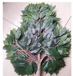 Planta de plástico verde artificial banyan folhas ficus ramos grama decoração para casa ramo roxo 12pcs1349096