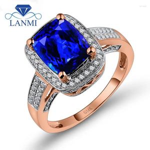 Cluster-Ringe LANMI Fine Jewelry Kissen 7 x 9 mm natürlicher Tansanit in massivem 14-karätigem Roségold-Verlobungsring R122