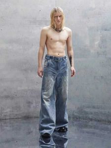 Jeans da uomo Nofaith Studios Jeans firmati Old Wash Pantaloni larghi in denim con micro corno nero grigio